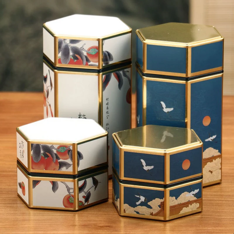 Creative Hexagonal Teapot Tin Can Chinese Tinplate Tea Storage Tank Sealed Portable Tea Box Empty Can Tea Set Accessories