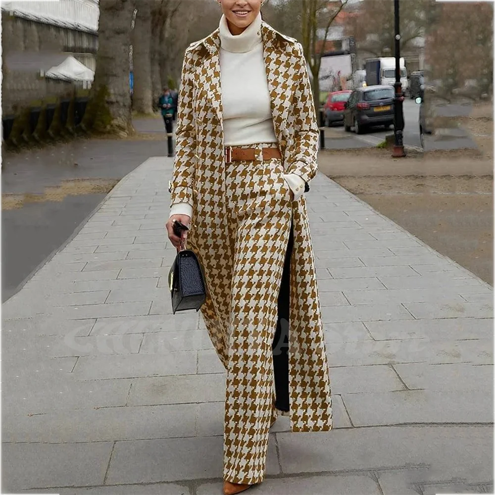 Luksusowy damski garnitur w pepitkę, klasyczny, dopasowany, z klapami w szpic, dwurzędowy, nowoczesny, szyty na miarę, modny zestaw: marynarka i spodnie.