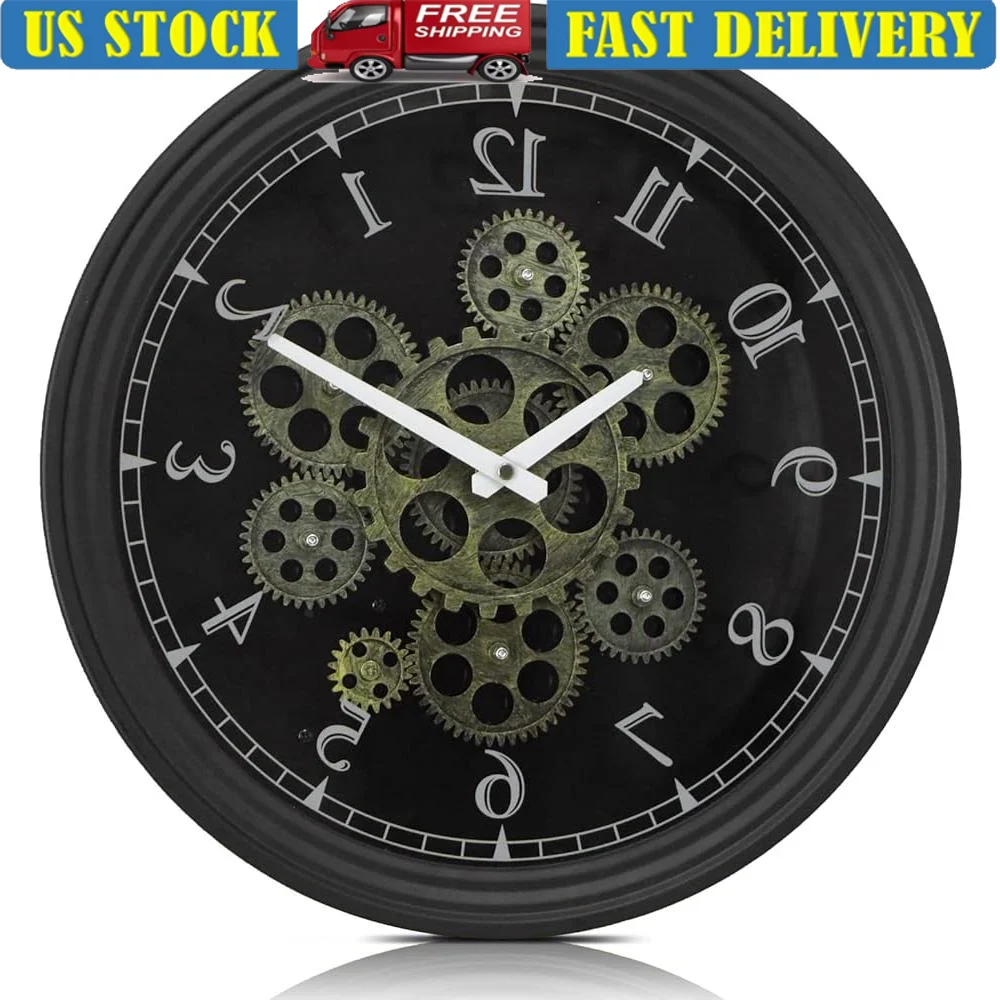 15 Inch Moving Gears Wall Clock Industrial Steampunk Analog Clock Home Office Kitchen Living Room Decor Battery Powered Unique