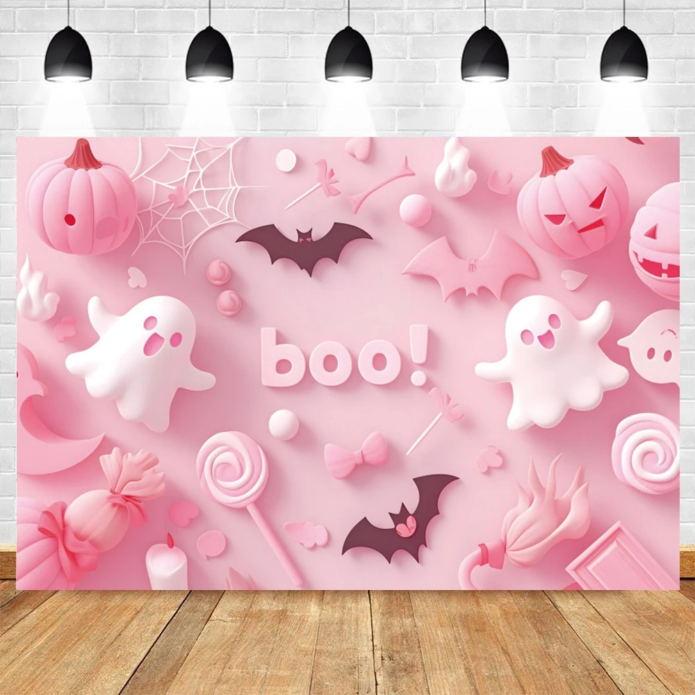 Halloween Backdrop Pink Wall Spooky Ghost Booing Spider Web Pumpkin Baby Portrait Halloween Party Photography Background Decor