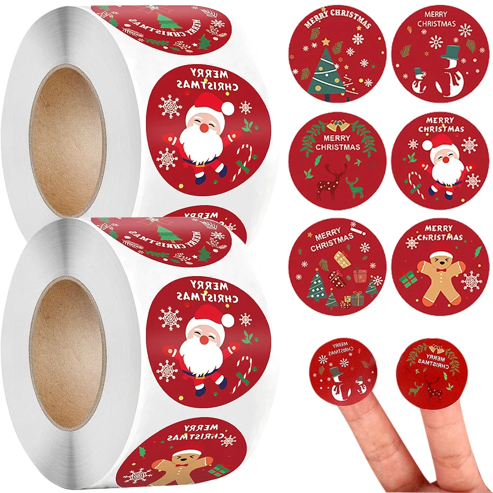 Merry Christmas Stickers Red Circular Paster Santa Claus Gingerbread Pattern Labels DIY Gift Baking Package Envelope Decoration