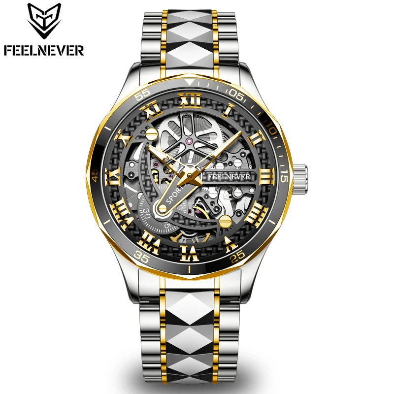 FeelNever Fashion Luxury Mechanical Man Watch Casual Skeleton Waterproof 316L Tungsten Steel Automatic Movement Watches for Men