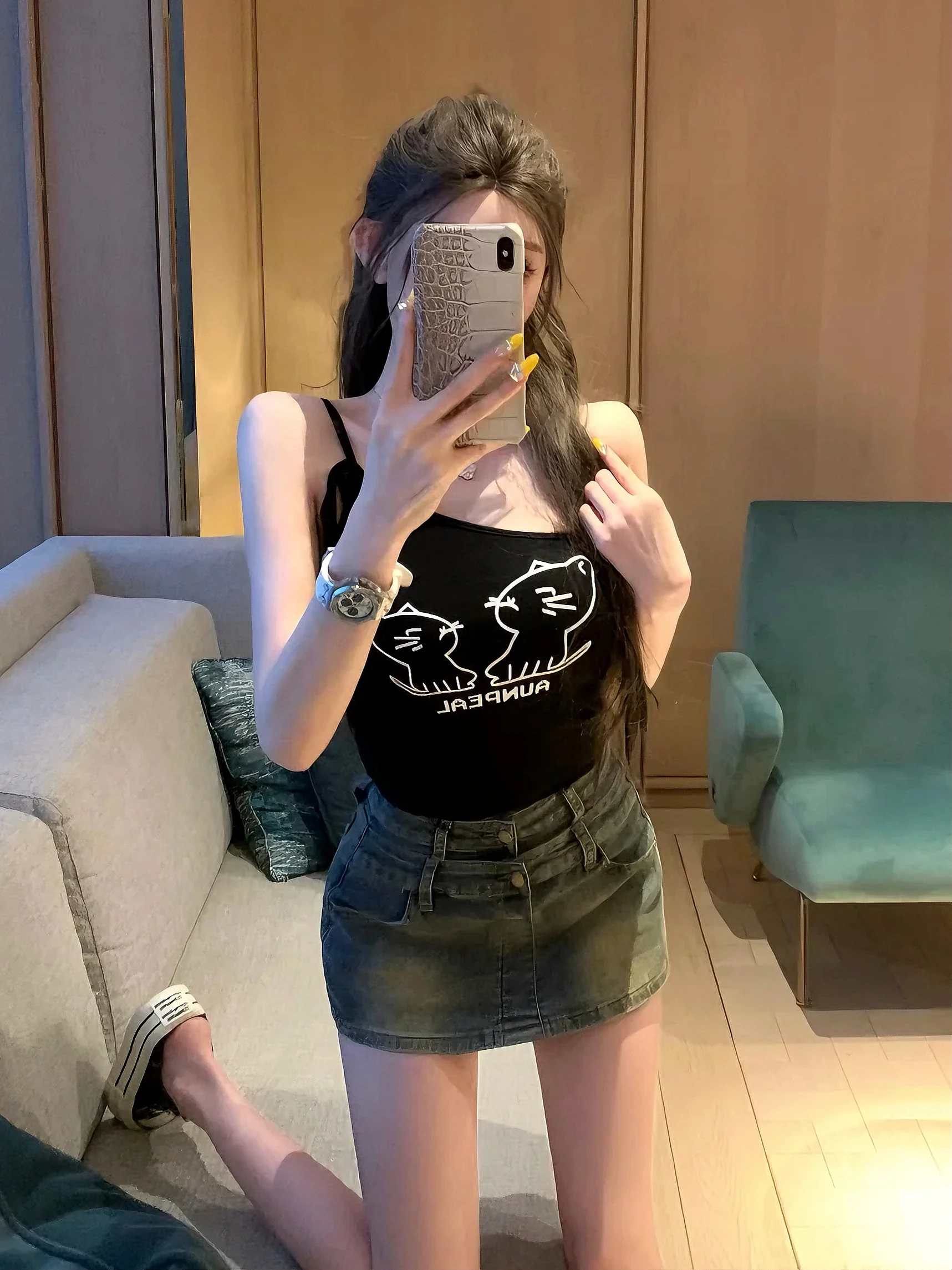 

Ретро-юбка А-силуэта с высокой талией из мягкого хлопкового денима, не просвечивающая, для женщин, корейский стиль, короткая юбка