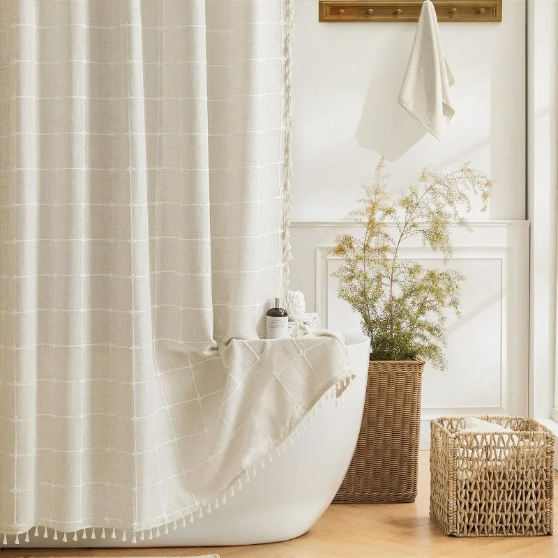 

Extra Long Shower Curtain,72x96 Inch Boho Chic Linen Farmhouse Fabric Shower Curtain Set with Plastic Hooks