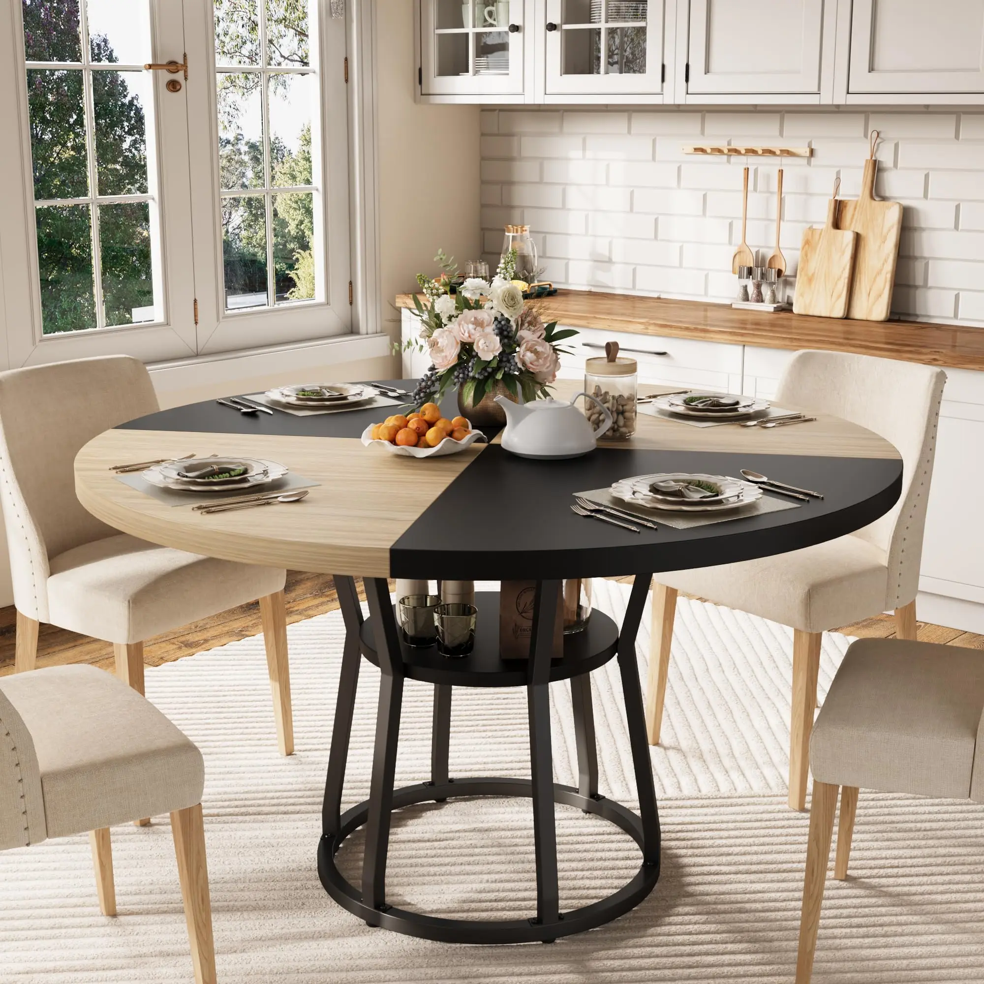 47 Inch Round Dining Table For 4-6, Farmhouse Kitchen Table With Storage Shelf, Metal Base, Waterproof Wood Top, 500 Lb Capacity