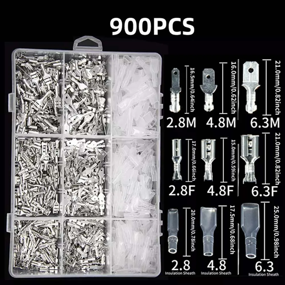 900PCS Insulated Male Female Wire Connector 2.8/4.8/6.3mm Electrical Crimp Terminals Spade Connectors Kit with Insulating Sleeve