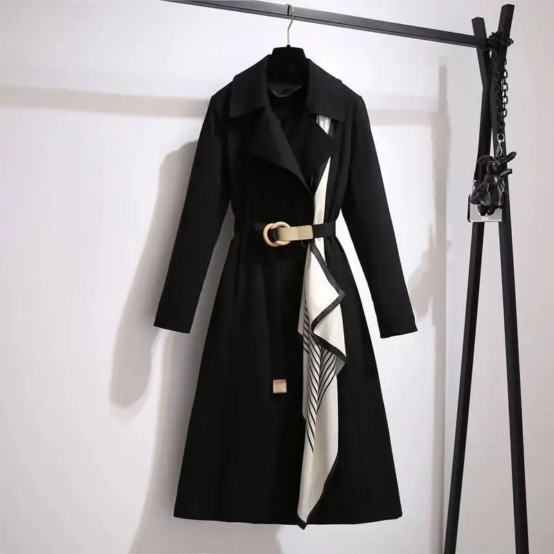 Women Trench Coat Jacket Mid Length Turn Down Collar Adjustable Waist Office Lady Overcoat 2025 Autumn Outerwear Windbreaker