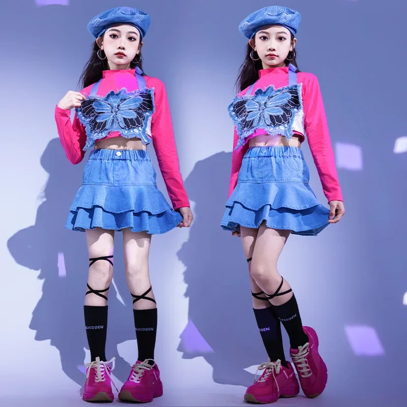 

Girls Hip Hop Jazz Clothes Sets Halter Butterfly Sling Top+T-shirt+Denim Skirt Jeans Kids Performance Suit Street Dance Costumes