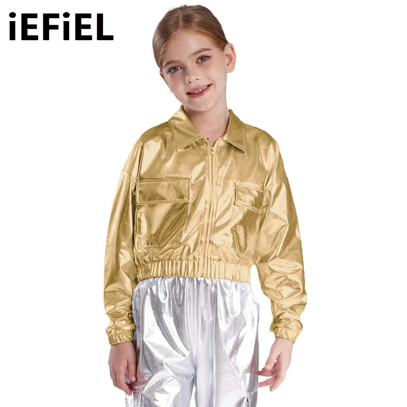 

Kids Metallic Shiny Jacket Unisex Boys Girls Turn-Down Collar Long Sleeve Outwear with Flap Pockets for Hip-Hop Jazz Dance