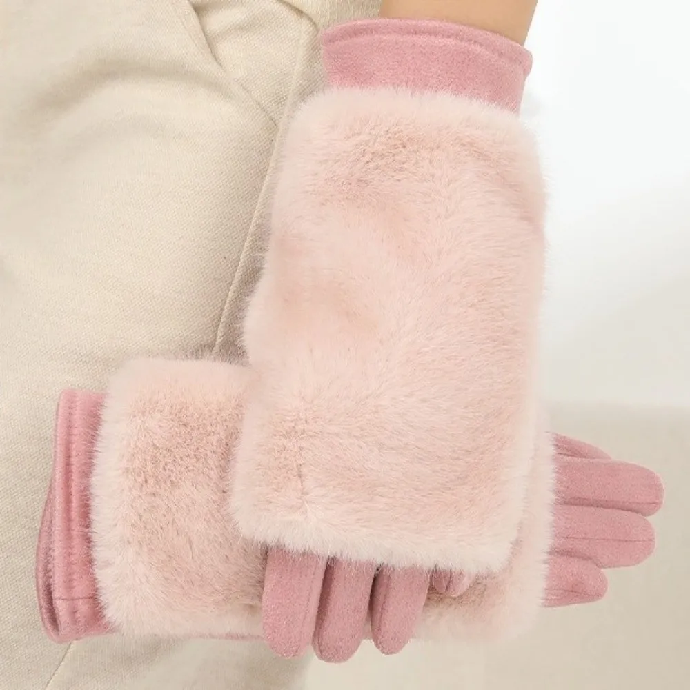

Elegant Solid Color Suede Gloves Rabbit Faux Fur Thickened Women Winter Gloves Detachable Full Finger Thermal Mittens Ladies