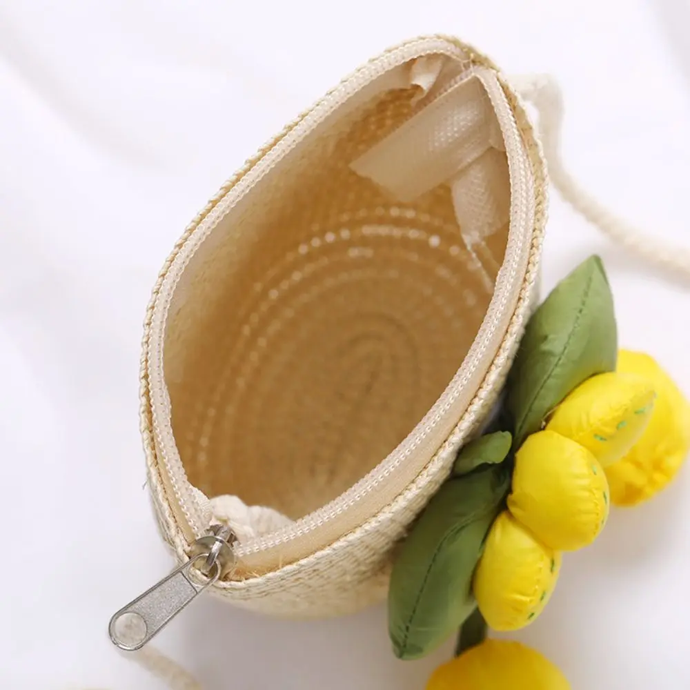 Girl Flower Straw Bag Cute Zipper Coin Purse Crossbody Handbag Handmade Woven Photo Props Kid Beach Bags