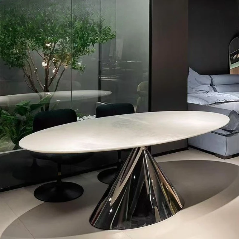

Natural marble dining table oval blue crystal flying saucer luxury stone dining table and chairs