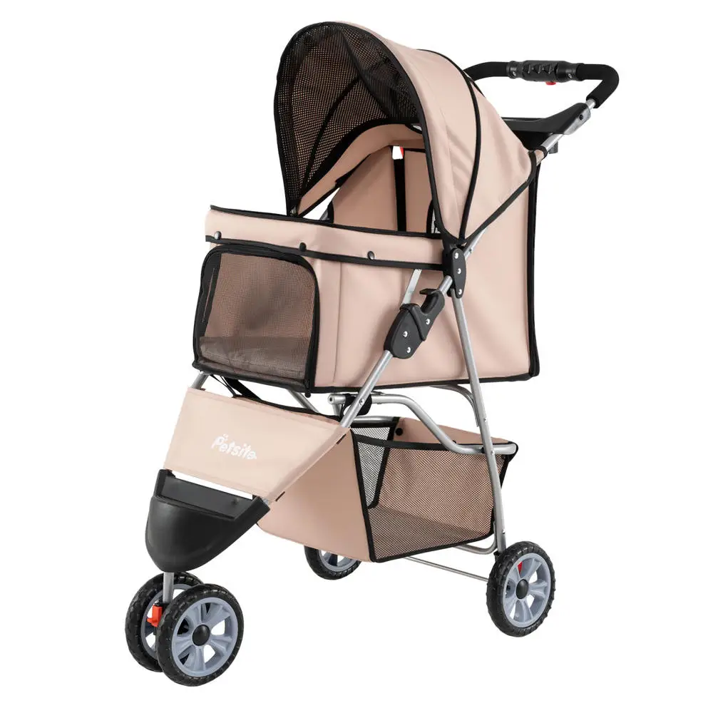 Three Wheel Pet Stroller For Small Dogs And Cats Oxford Cloth With Adjustable Canopy And Mesh Window Safety Leash One Hand Fold Beige