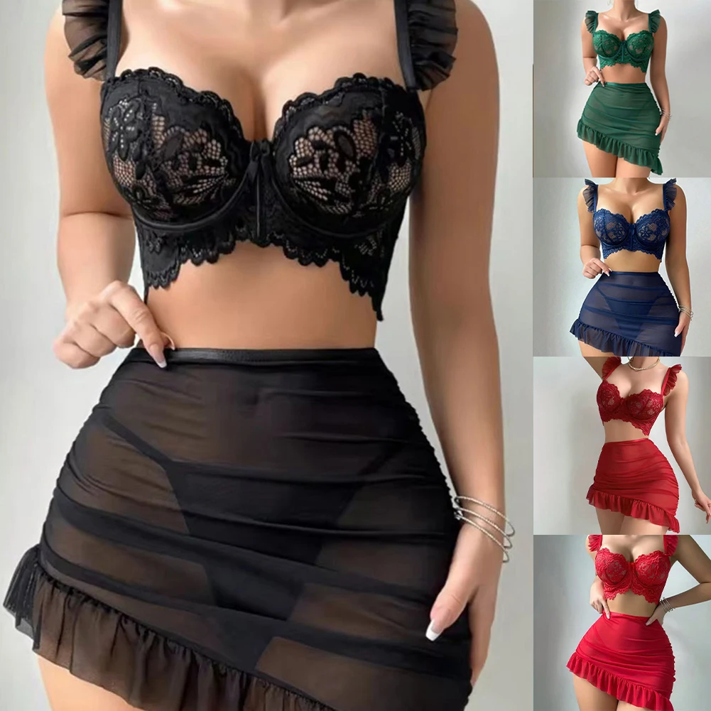 

Женские комплекты нижнего белья, пижамы, сетчатый прозрачный кружевной бюстгальтер + тонкая юбка, комплект одежды для сна, женская прозрачная кружевная ночная рубашка, пижамные комплекты