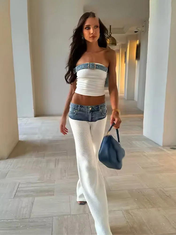 

HH женские летние модные брючные костюмы в стиле пэчворк без бретелек без рукавов с открытой спиной короткие топы + высокая талия карманы на молнии длинные брюки