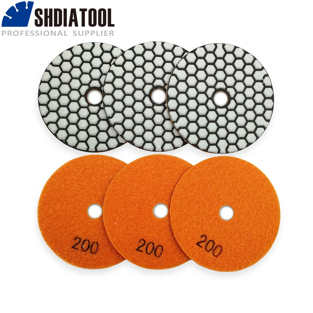 Shdiatool 6 pçs 100mm #200 almofadas de polimento de diamante seco diâmetro 4 polegada resina bond diamante flexível disco de lixamento para granito