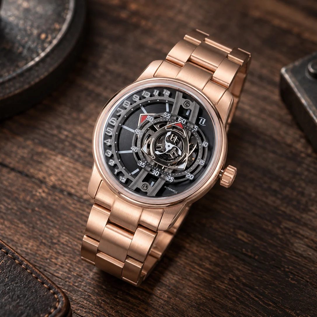 OBLVLO Brand 42mm Rotor Dial Men's Rotary Engine Style Watch - Rose Gold Miyota 8215 Movement Jump Hour Automatic Watch JM-RT