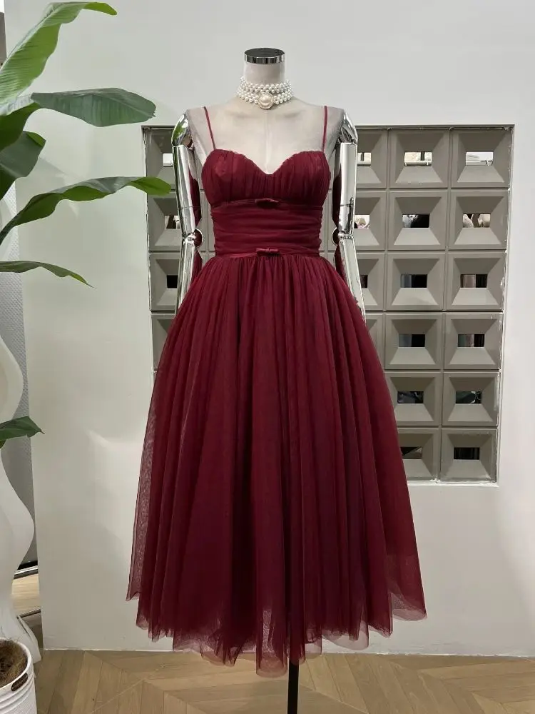

High Quality Women Sexy Sleeveless Organza Camisole Dress Red Party Evening Formal Occasion Dresses Wedding Prom Gown Vestido