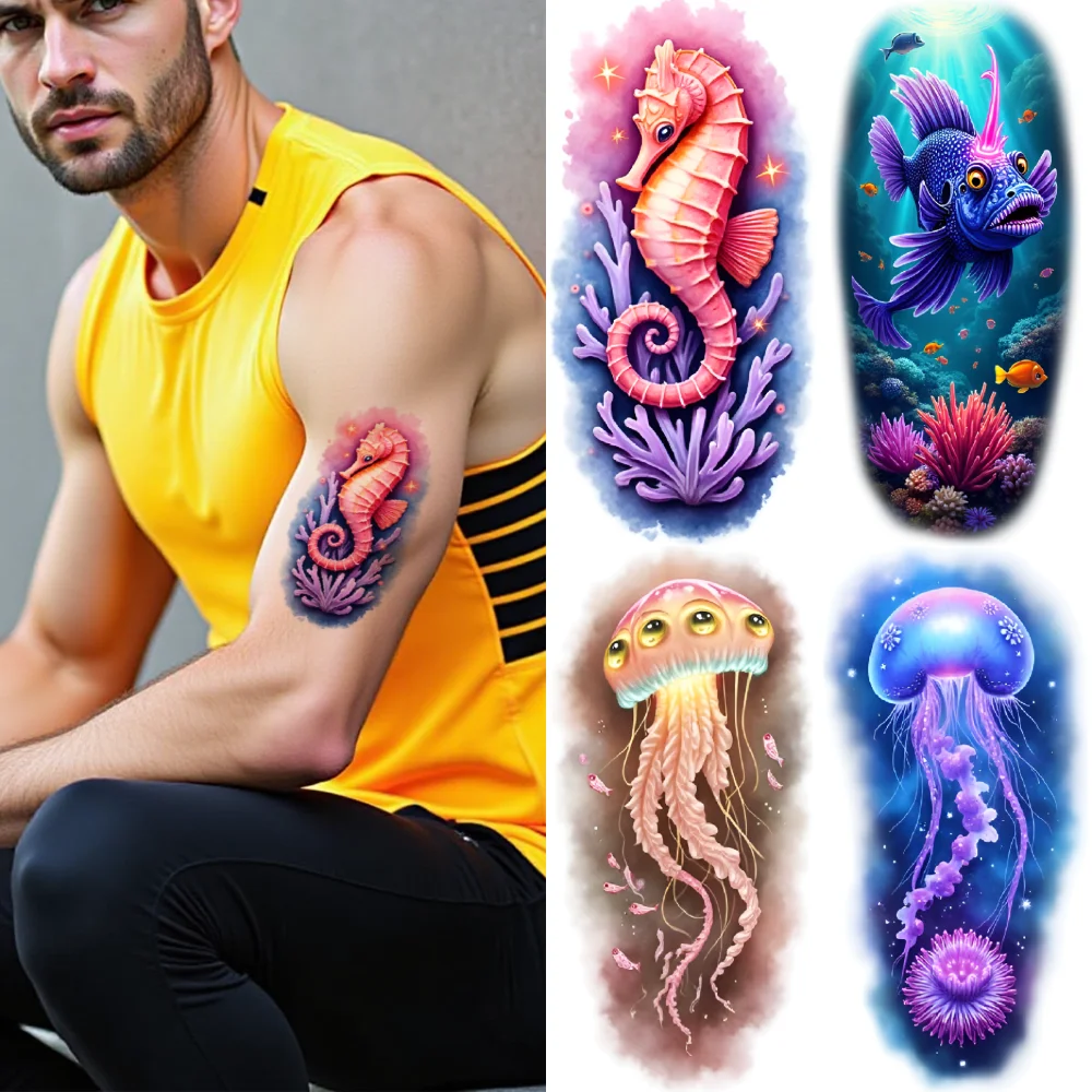 

12pcs Temporary Tattoo Sea Creature Waterproof Long-lasting Body Stickers Fish Coral Realistic Temporary Tattoos For Men