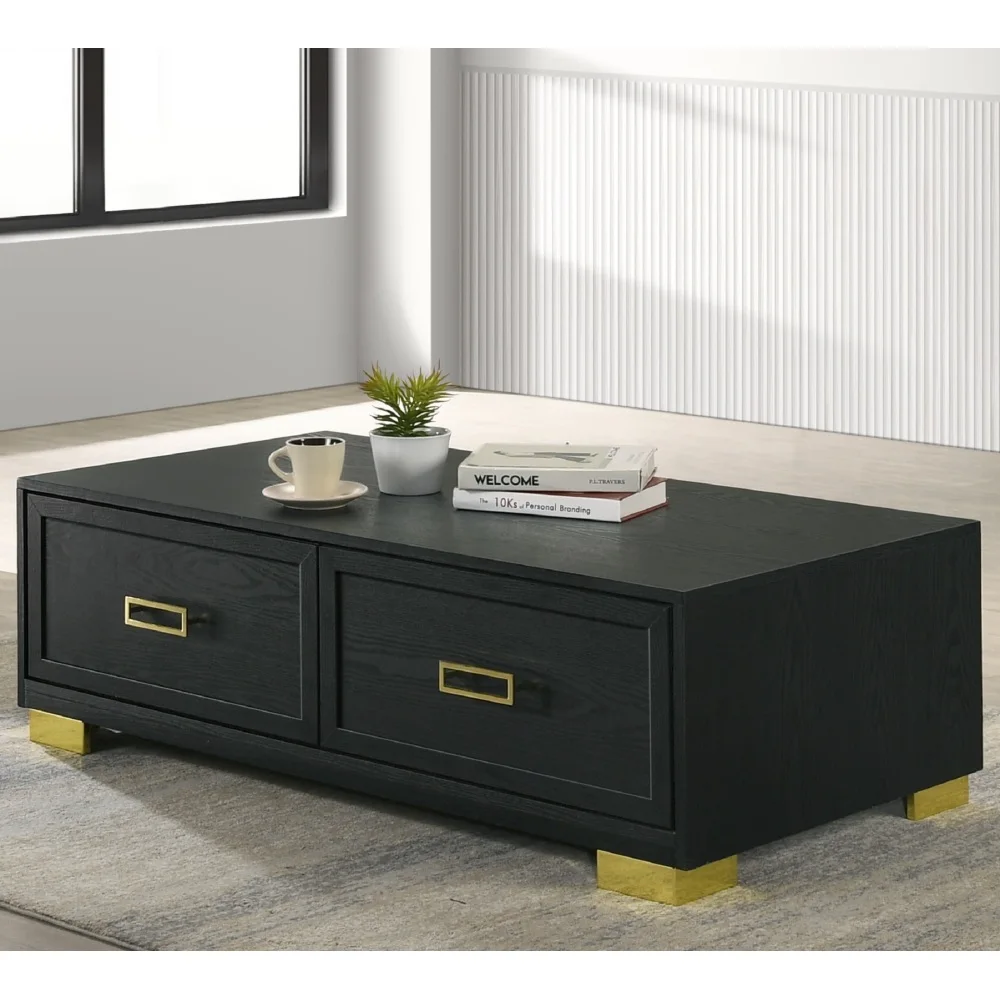 

1pc Contemporary Coffee Table Storage Drawers Black Gold Finish Metal Pull Knob Living Room Wooden Modern Furniture