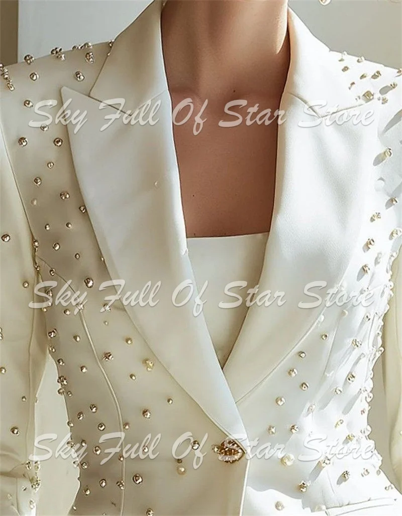 Custom White Pearl Rhinestone Women Suit 1 Pcs Single Button Blazer Elegant Wedding Bridal Evening Party Cocktail Ladies Outfit