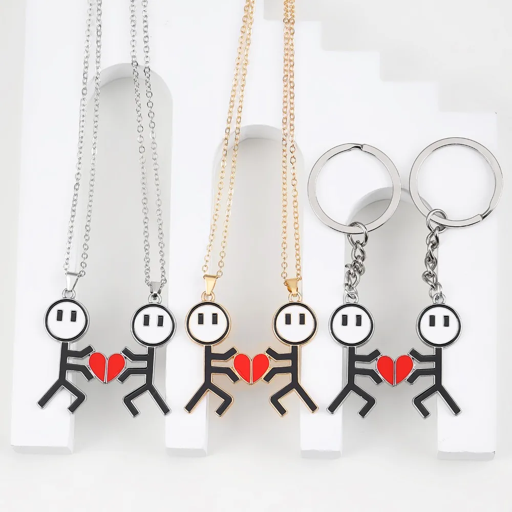 2pcs Set Creative Funny Stick Figure Red Heart Magnetic Couple Key Chains Necklace for Men Women Valentine's Day Gift Jewelry