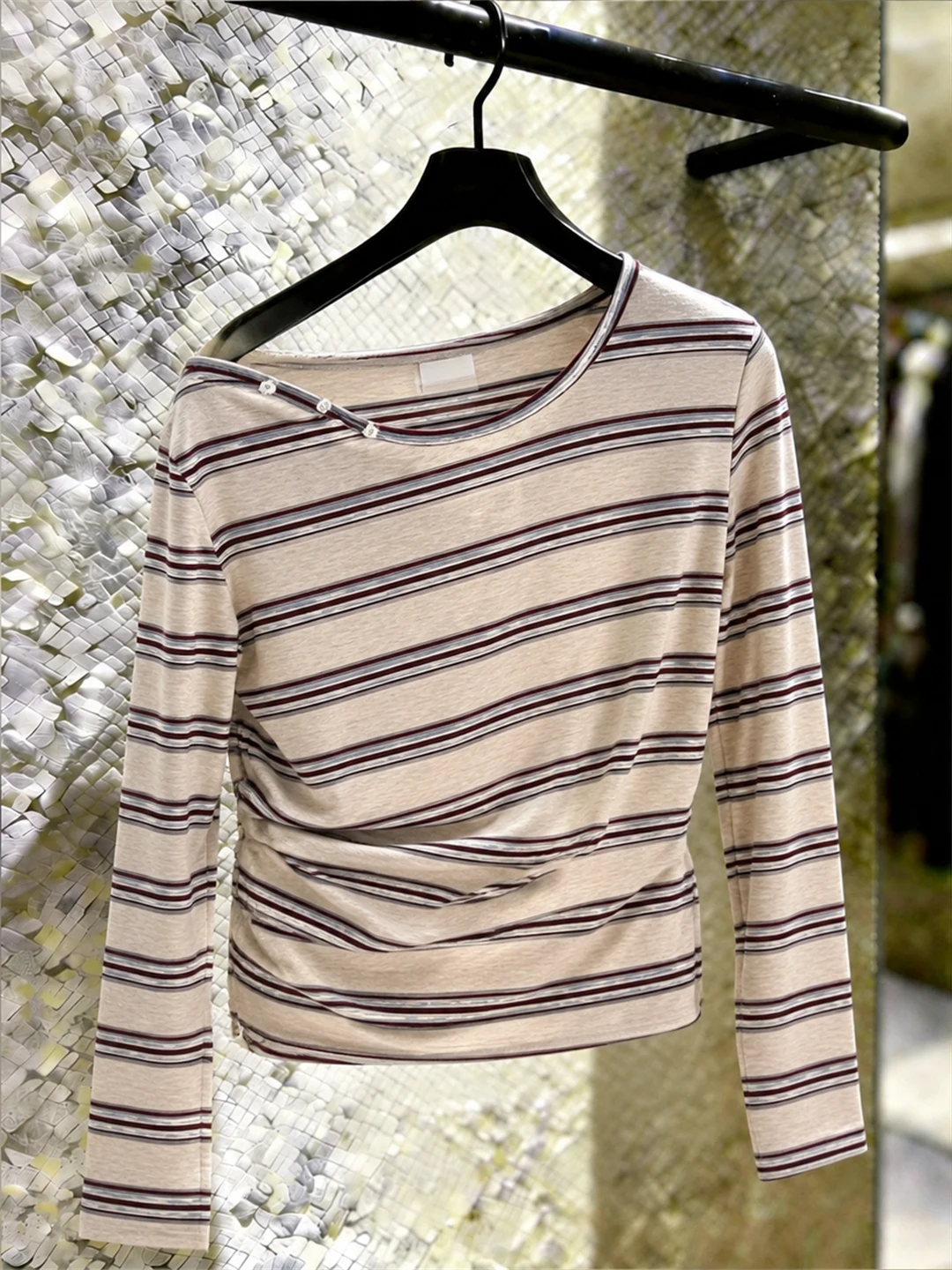 Fashionable Striped Color Block Long Sleeve T-Shirt Korean Style Commute Wind Overhead Shirt Autumn Season Ladies Top