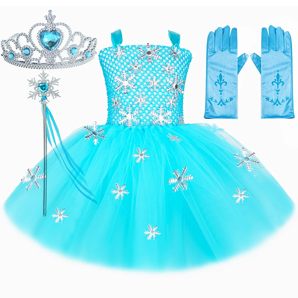 

Princess Elsa Costume for Girls Halloween Birthday Party Dress Up Sky Blue Snowflakes Toddler Kids Snow Queen Tulle Tutu Dress