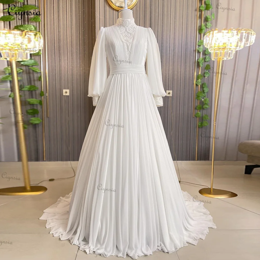 

Ciynsia Long Sleeve Muslim Wedding Gowns for Bride Chiffon Pearls High Neck Islamic Bridal Dress Dubai Hijab Robe De Mariée 2024