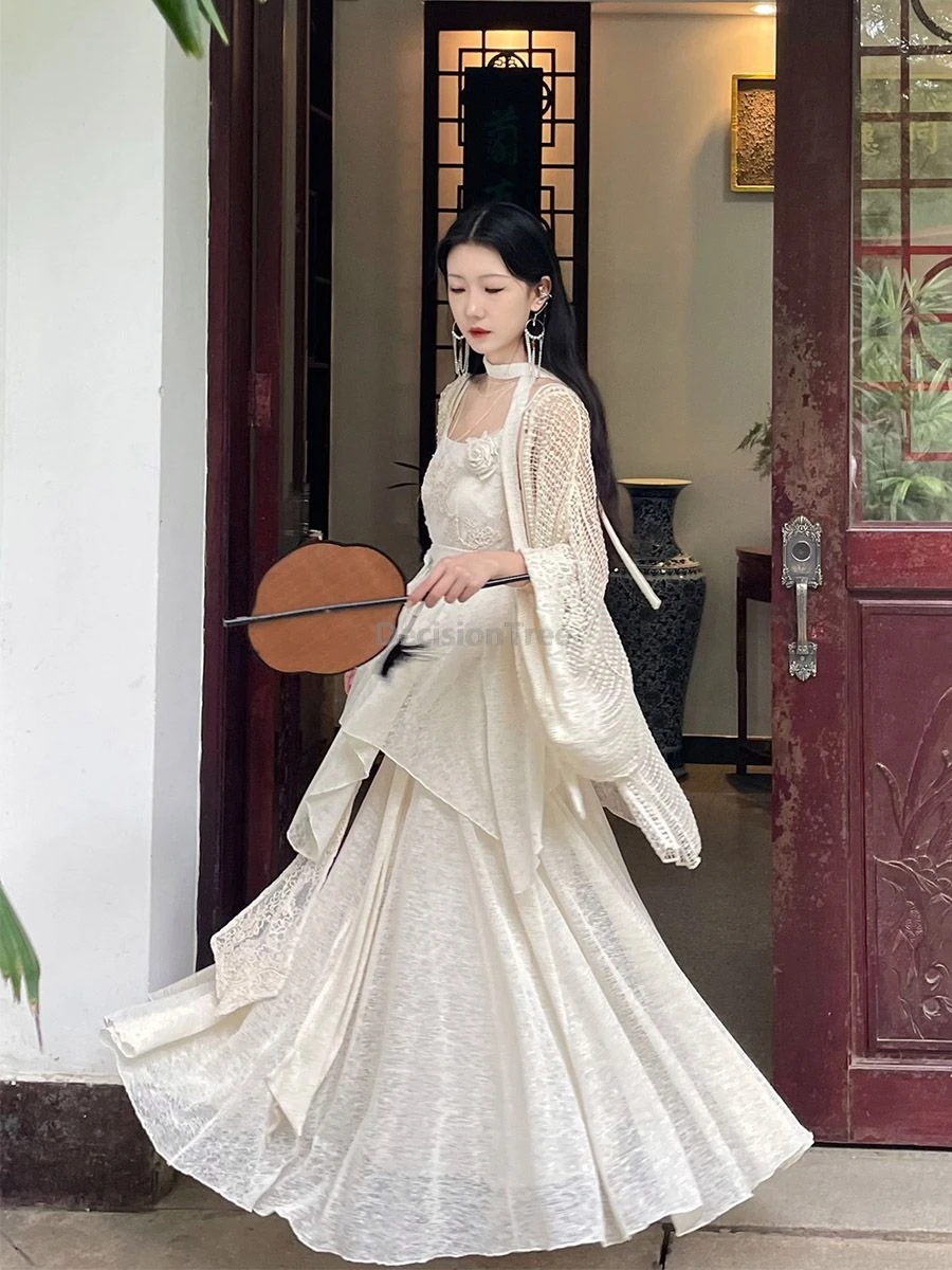 2025 النمط الصيني تحسين الجنية البيضاء الطراز القديم hanfu مزاجه لطيف فستان عصري الجوف خارج تصميم سترة واقية من الشمس