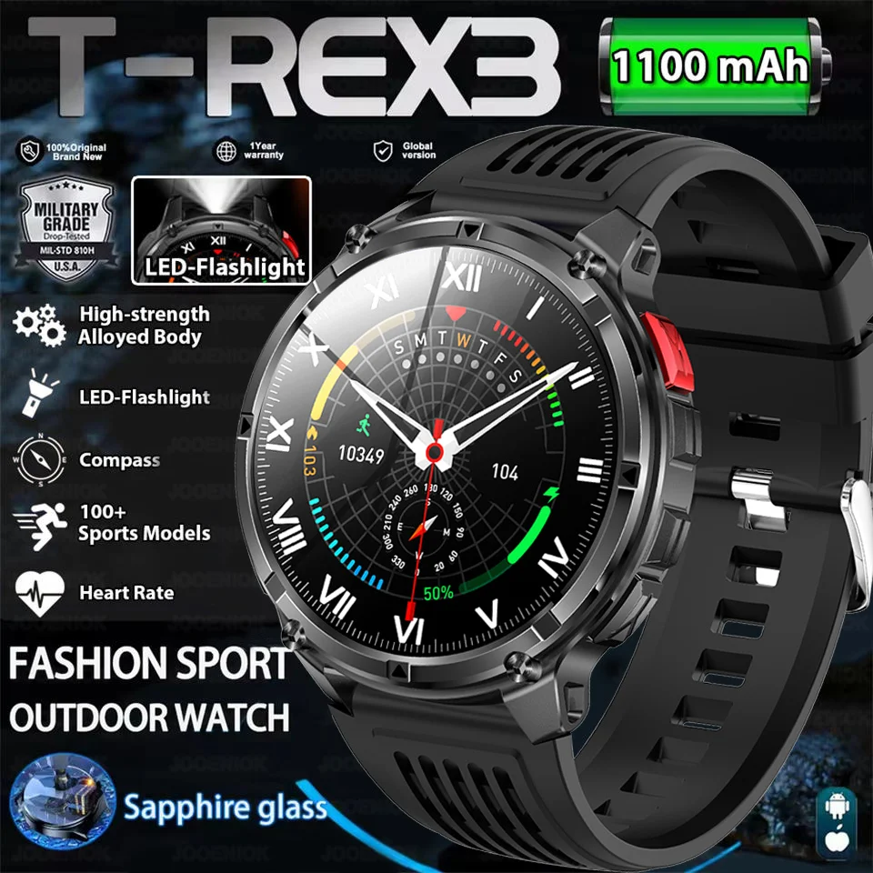 

2025 Outdoor Military 1100mAh Smart Watch Men Compass 1.7-inch Bluetooth Call Flashlight Alarm Clock Waterproof Smartwatch Women