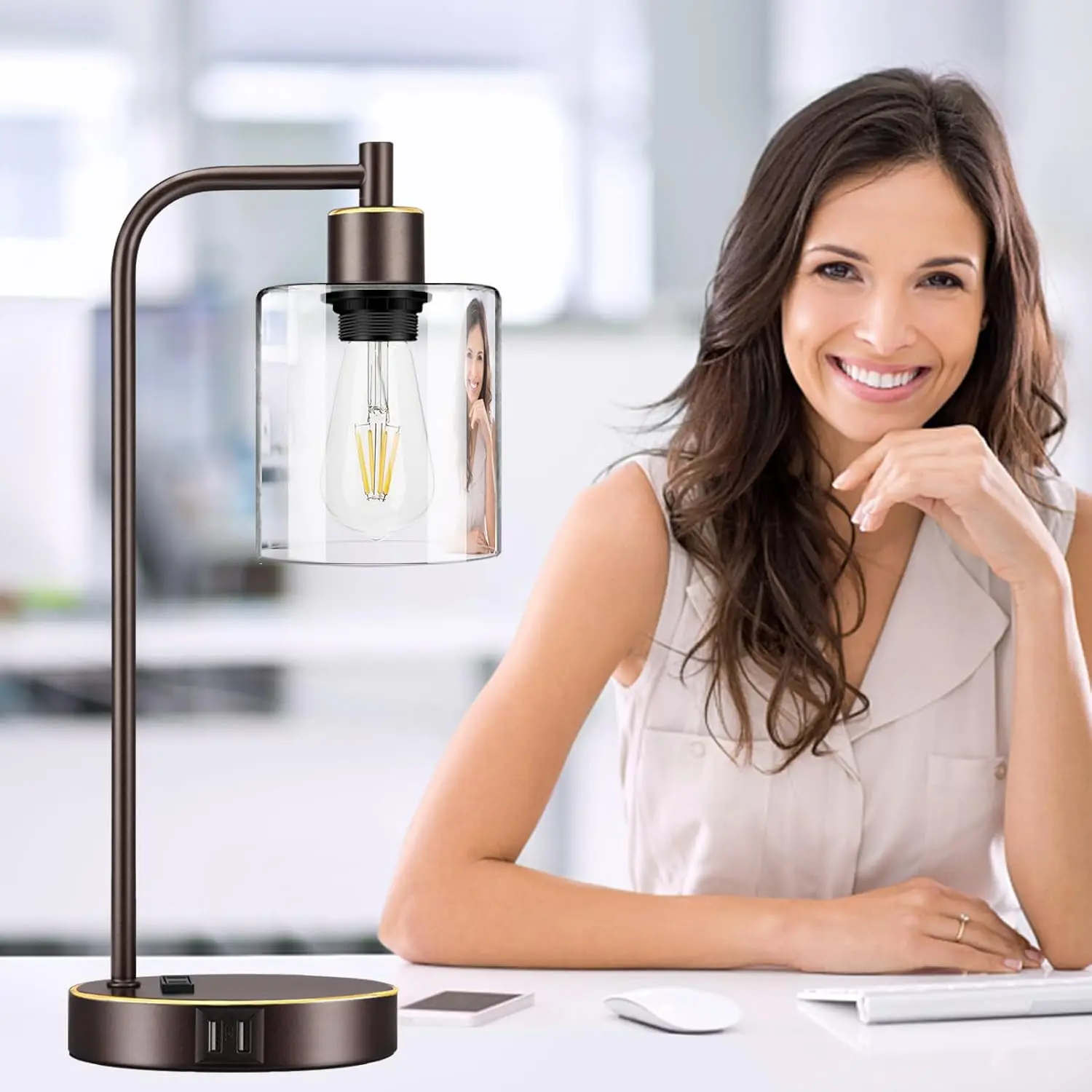 مجموعة مصابيح طاولة صناعية تعمل باللمس مكونة من قطعتين - مصابيح بجانب السرير مع منفذي USB ومخرج تيار متردد، #5