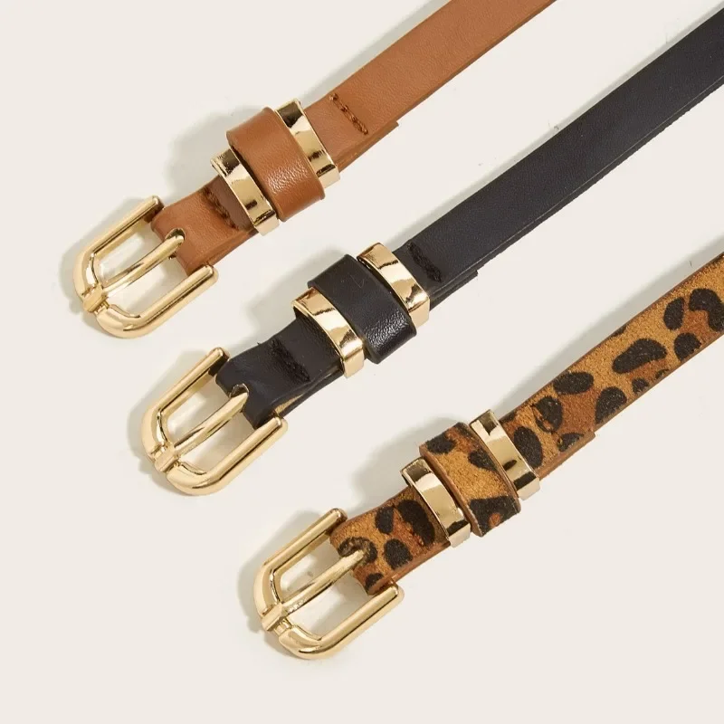 Fashion Trend Leopard Print Leather Thin Belt for Women Metal Buckle Waist Strap Designer Female Trouser Dress Coat Decoration