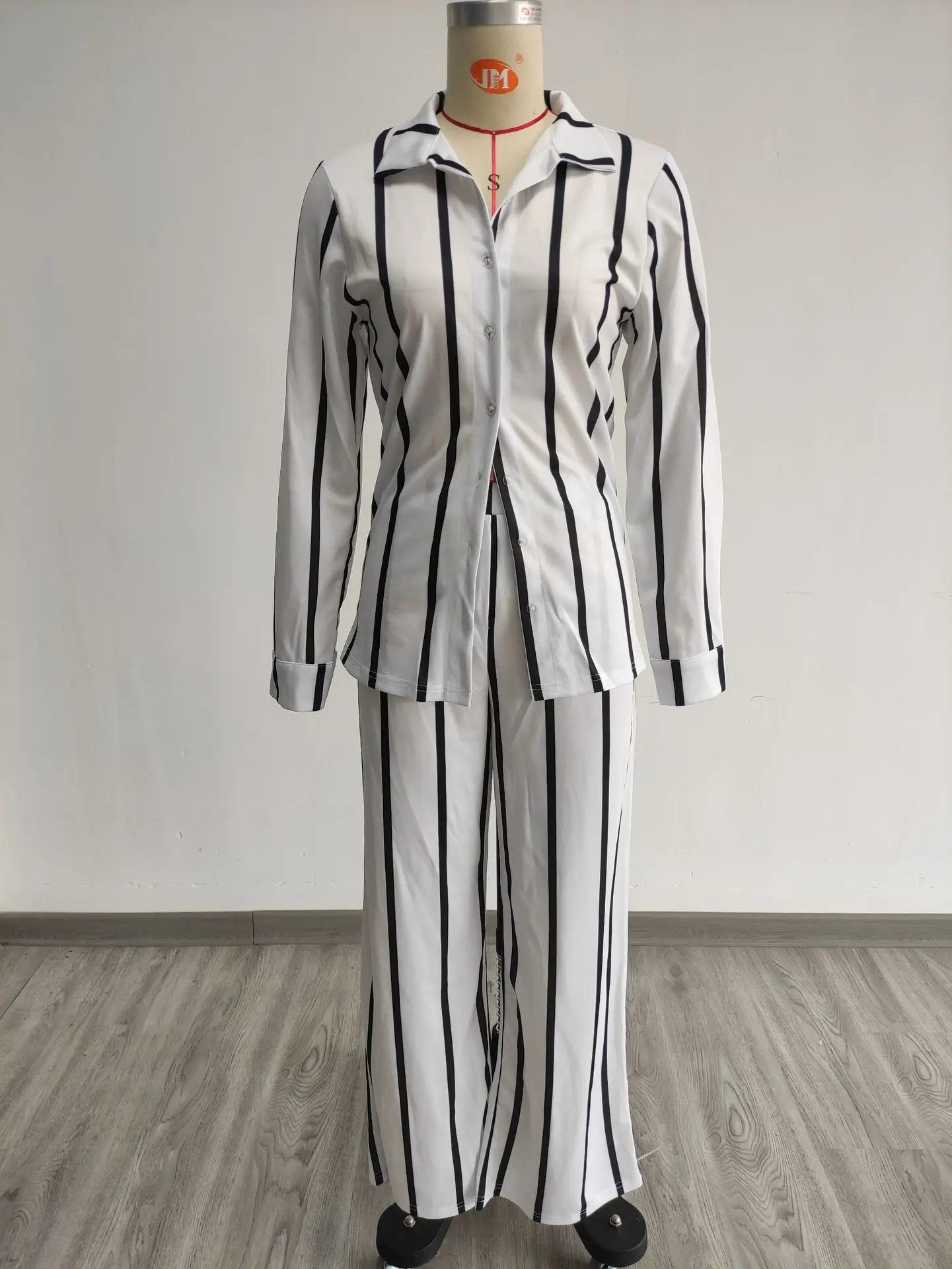 Autumn Winter Fashion Striped Print Set Women\'s Long-sleeve Button Shirt Wide-leg Pants Two-piece Suit Casual Office Ladies Sets