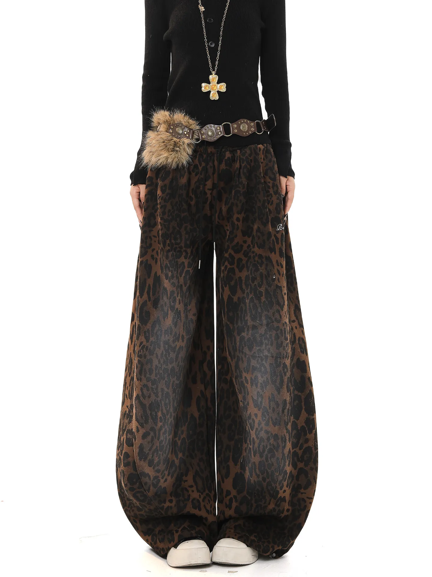 Retro American Washed Leopard Print High Waist Wide Leg Pants Women's Spring Autumn Loose Casual Drapey Straight Knife Pants