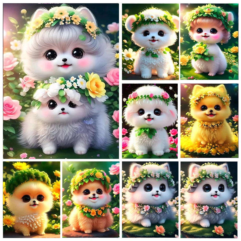 New Arrival Diamond Painting Cross Stitch Kit Cartoon Cute Dog With a Wreath 5D DIY Embroidery Mosaic Rhinestone Home Decor Z25