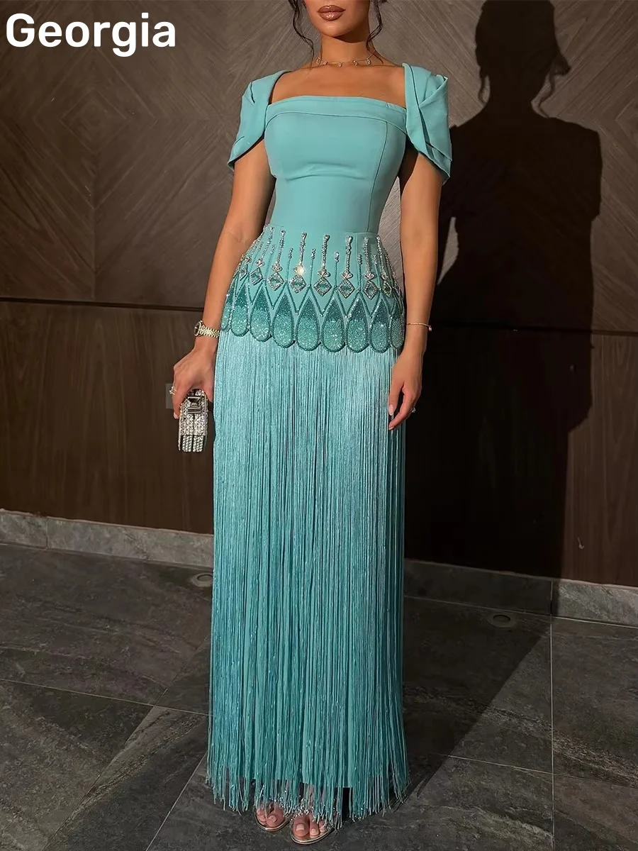 formal turquoise dresses Luxury Crystal Turquoise Blue Evening Dress with Cap Sleeves SF291, Turquoise / 14 main image 1