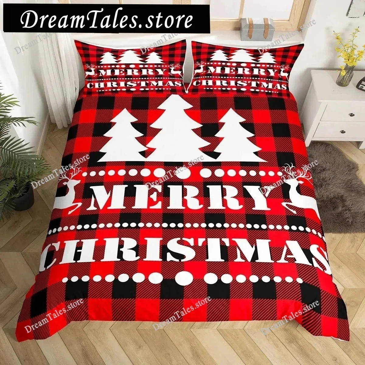 Merry Christmas Duvet Cover Set,Red Buffalo Checked Rustic Truck Comforter Cover,Plaid Xmas Tree Elk Deer Snowflake Bedding Sets