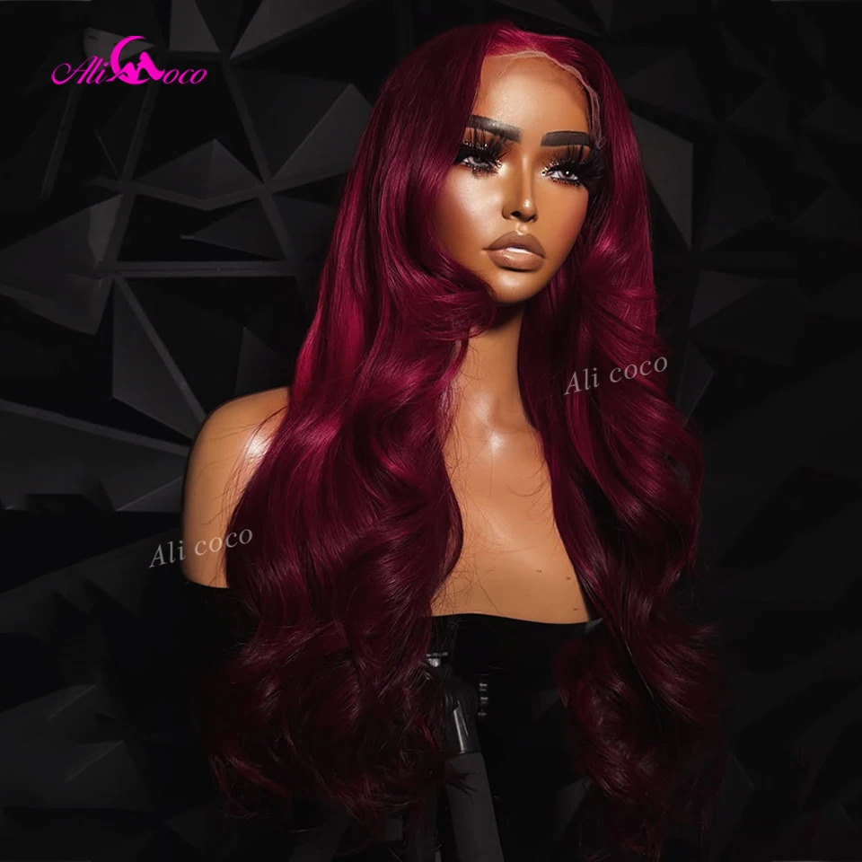 

Парик из натуральных волос цвета красного вина с кружевной застежкой, плотность 180% # Прозрачная кружевная накладка 99 13X6 с волнистыми волосами 13X4, предварительно прорезанная, для женщин