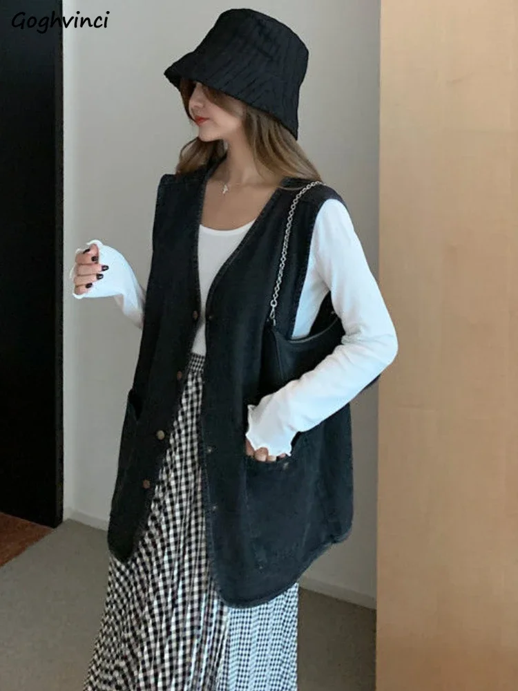 

Vests Women Denim Design Solid Fashion Vintage Ladies Pockets Streetwear All-match Outwear Cozy Simple Korean Style Loose Autumn