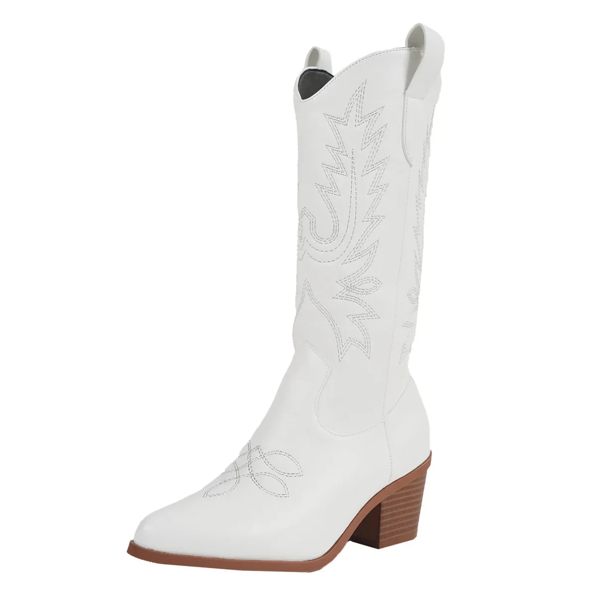 Buty do połowy łydki dla kobiet Trend jesienno-zimowy Slip on Embroidered Western Cowgirl Boots Vintage Style White High Heels Boots