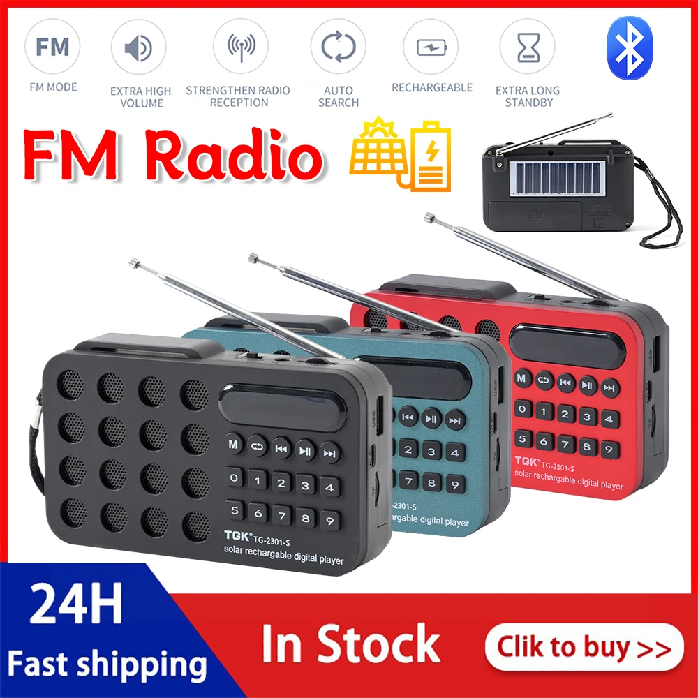 

FM Radio Receiver BT Solar Charging/Rechargeable Battery Operated Digital Radio Speaker Music Player Built-in Speaker MP3 Player