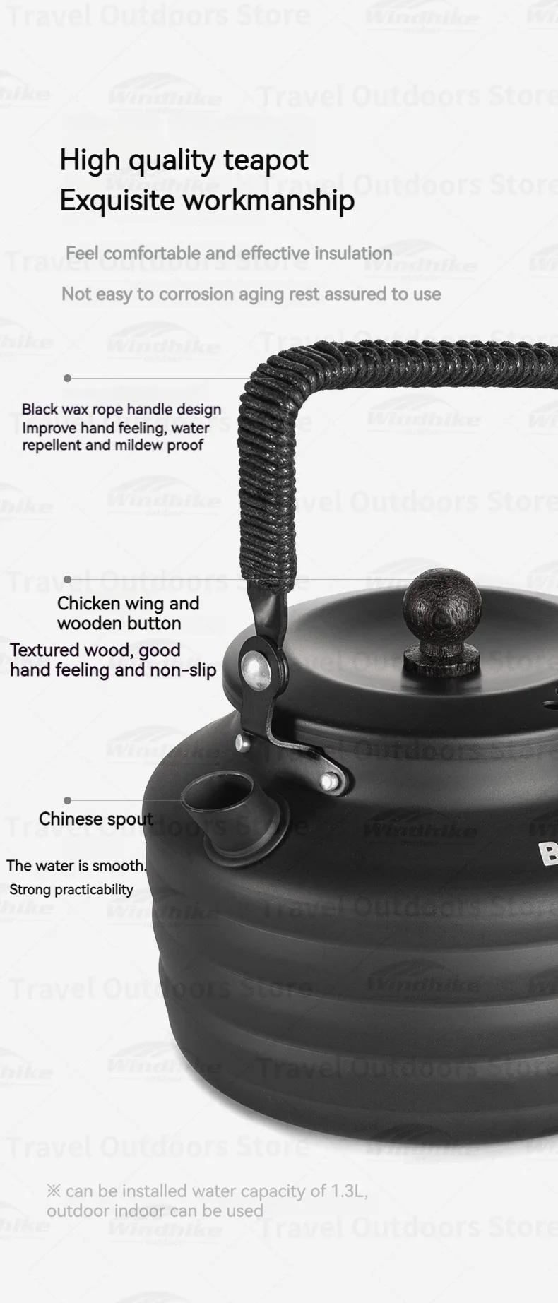 Naturehike BLACKDOG 230g Aluminium-Reisewasserkocher Outdoor Camping Tragbarer Kocher 1,3L Picknick-Teekanne Tee-Kaffee-Kochgeschirr – Detail 8