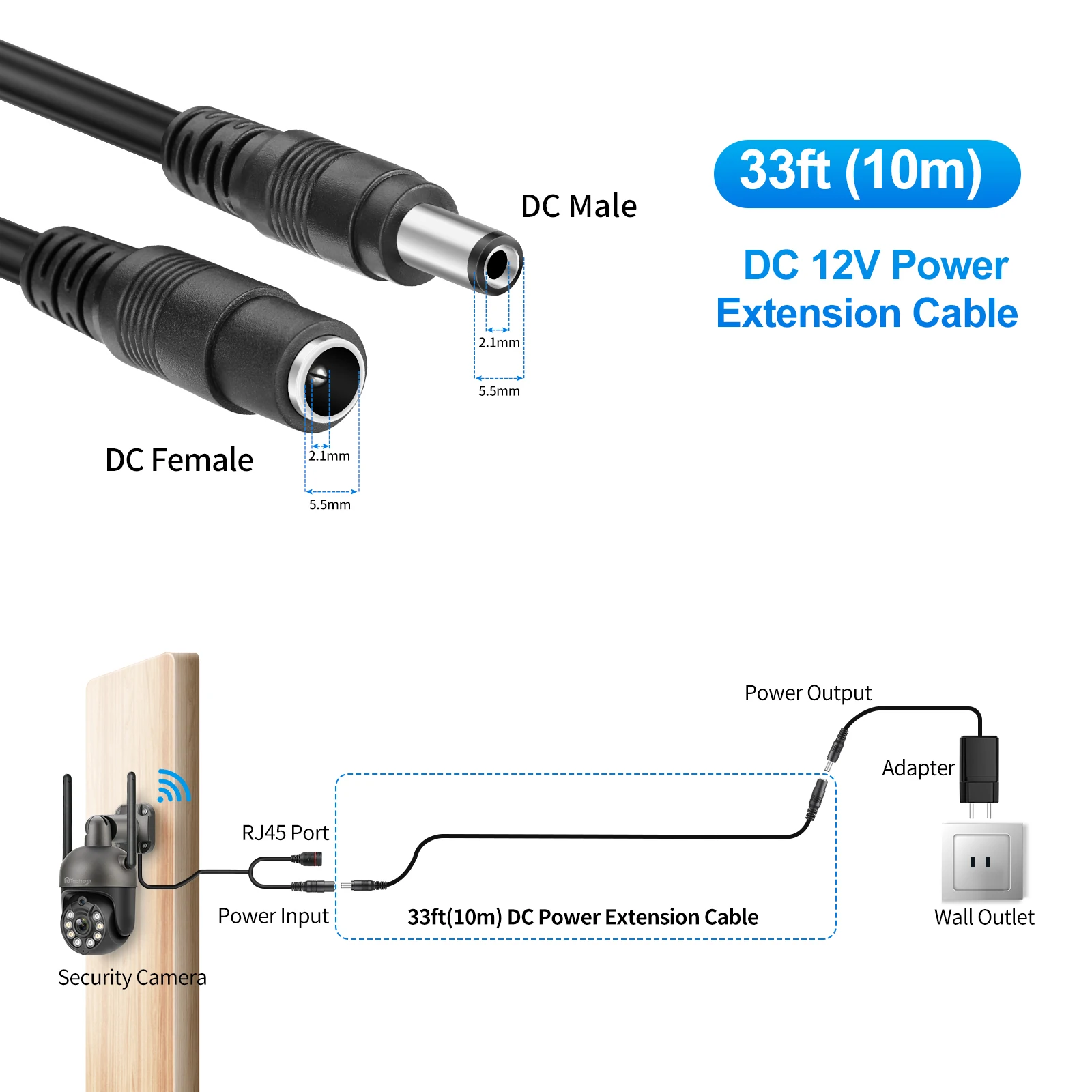 TinoSec 10m Camera Power Cable DC12V Male To Female Camera Power Adapter Extension Cable For Surveillance WiFi IP Camera Router