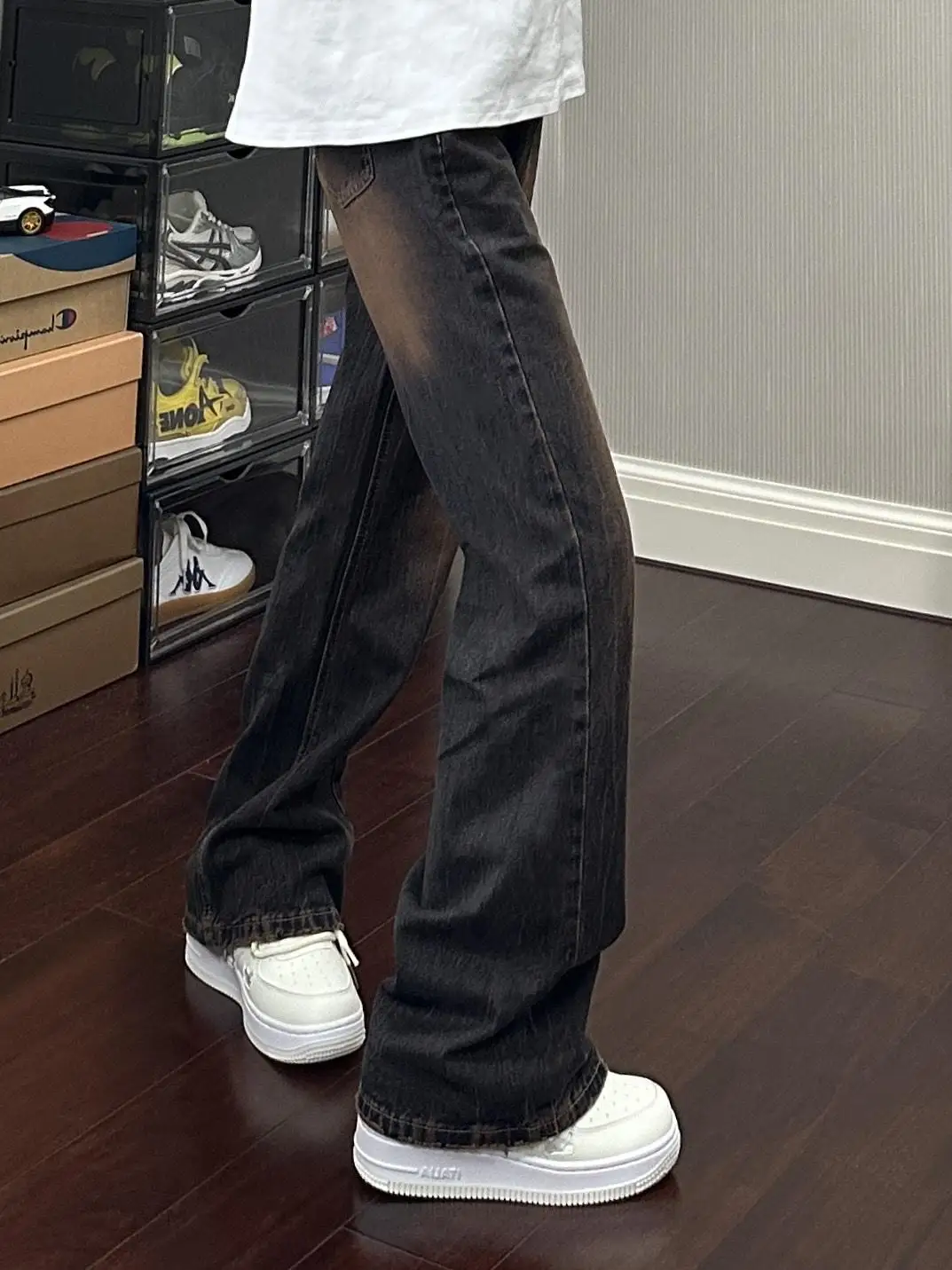 

Retro Waed Fce Lined Men's Denim Jeans Fall Winter American Vibe Knife Flared Long Pants Straight Leg Trousers