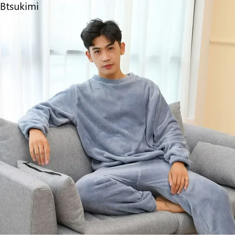 2024 Men\'s Thick Flannel Pajama 2 PCS Sets Couple Casual Home Wear Soft Warm Long Sleeve Long Pants Coral Velvet Sleepwear Suit