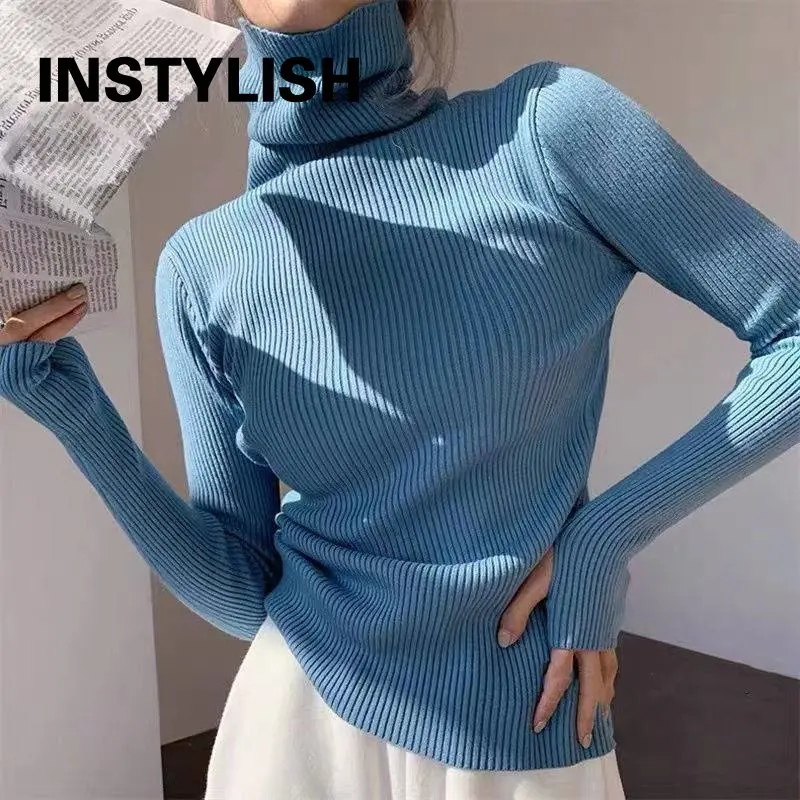 Kobiety elegancki sweter z golfem palec dziura jesień zima Vintage Harajuku Slim bluzy proste wszystko mecz dziergany sweter