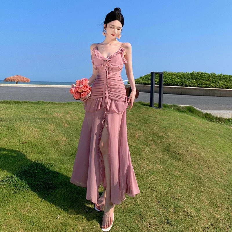 Pink Rose Strap Dress Women, Summer Waist-Cinching Ruched Irregular Slit Long Dress, Elegant Dress