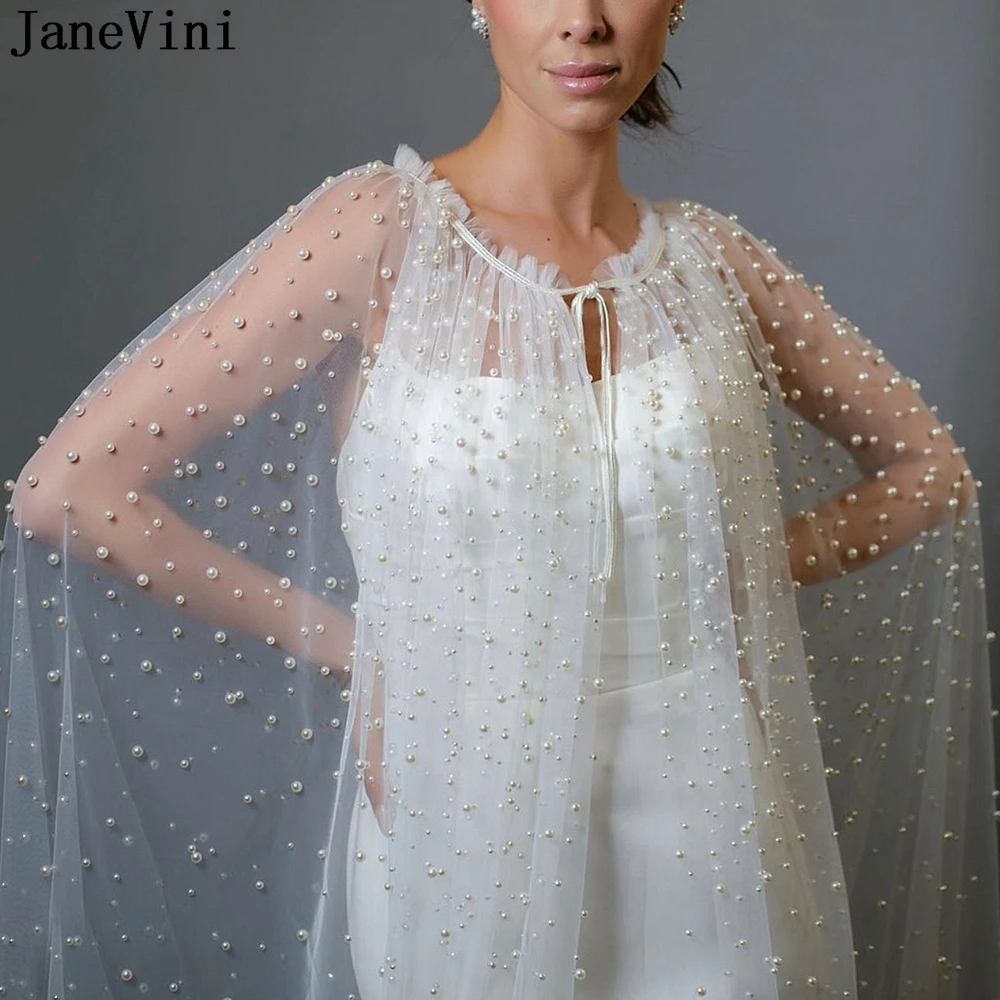 

JaneVini Wedding Cloak Shawl for Dress Pearls Tulle 3 Meters Long Wedding Cape Bridal Jacket Wraps Shrugs Bruiloft Accessoires