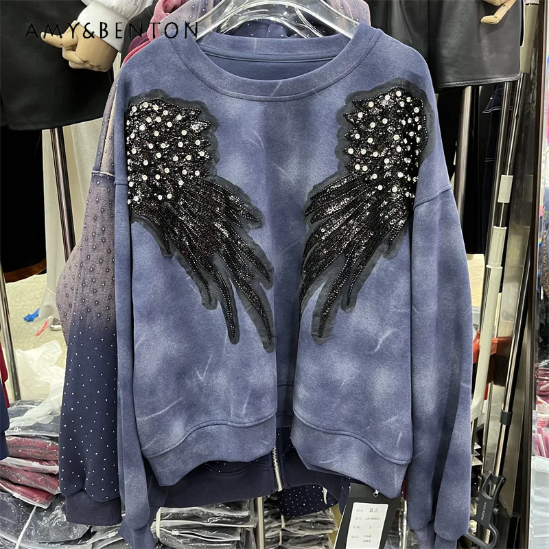 

Autumn Crew Neck Long Sleeves Hoodies Heavy Industry Stitching Lace Wing Short Loose Jacket Fashion Pullover Sweatshirt Ladies